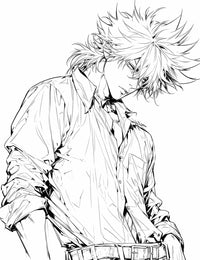 Cool anime coloring page of a handsome, stylish young man with wild spiky hair and an intense gaze, wearing a loose collared shirt, in a modern manga line art style.