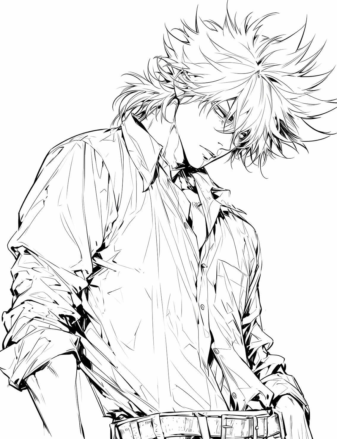 Cool anime coloring page of a handsome, stylish young man with wild spiky hair and an intense gaze, wearing a loose collared shirt, in a modern manga line art style.