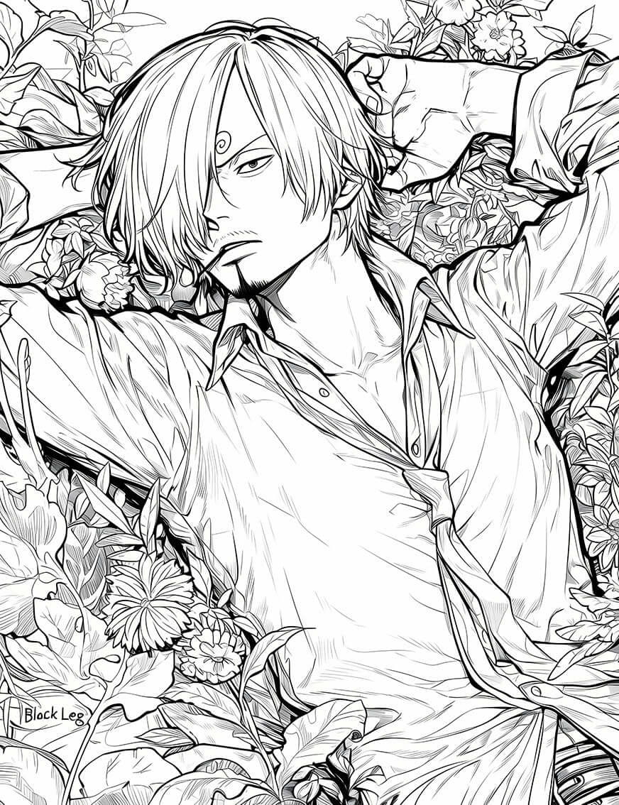 Cool Sanji 'Black Leg' coloring page featuring a floral background, perfect for anime fans and art lovers.