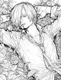 Cool Sanji 'Black Leg' coloring page featuring a floral background, perfect for anime fans and art lovers.