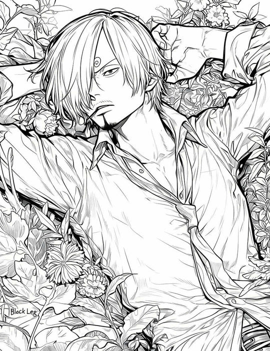 Cool Sanji 'Black Leg' coloring page featuring a floral background, perfect for anime fans and art lovers.