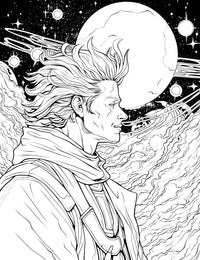 The Cosmic Adventurer Coloring Page, featuring a detailed black-and-white illustration of a handsome male hero in profile with windswept hair, looking out across a cosmic landscape with a large moon and stars.
