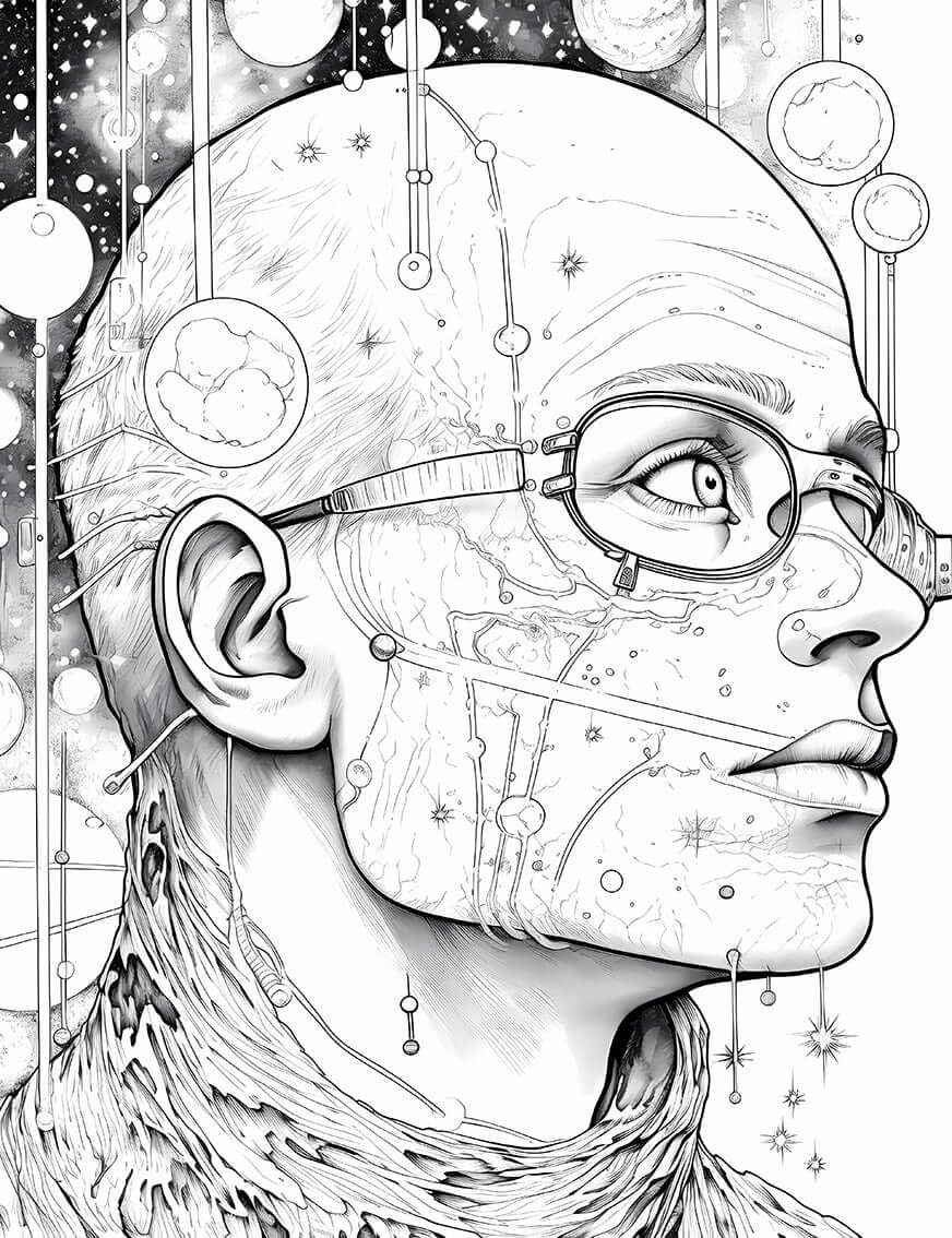 Cosmic Android coloring page featuring a detailed sci-fi portrait with intricate designs and celestial elements.