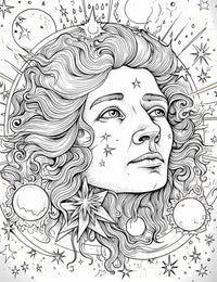 Cosmic Being Coloring Page | Celestial Fantasy Portrait Printable Art – Infinite Visibility