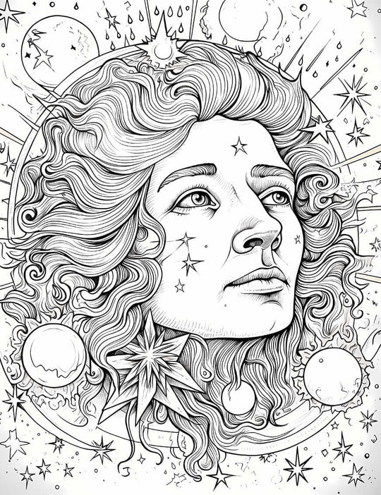Cosmic Being Coloring Page | Celestial Fantasy Portrait Printable Art – Infinite Visibility