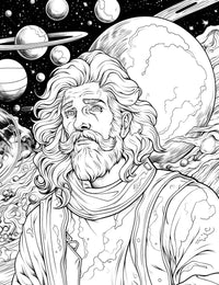 The Cosmic Creator Coloring Page, a detailed black-and-white illustration of a majestic, bearded god-like man with long wavy hair, looking up thoughtfully at a sky full of stars and planets.