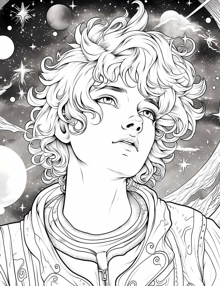 Cosmic Dreamer coloring page featuring a celestial youth portrait surrounded by stars and planets.