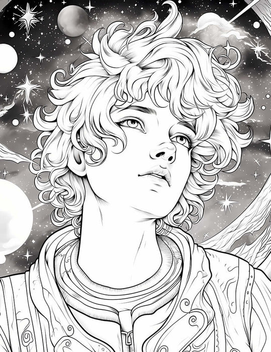 Cosmic Dreamer coloring page featuring a celestial youth portrait surrounded by stars and planets.