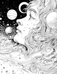 A detailed black and white Cosmic Dreamer Coloring Page showing a woman's face in profile looking up at a crescent moon, with flowing hair that blends into a celestial landscape of stars and planets from the Psychedelic Universe collection.