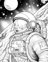 The Cosmic Explorer Coloring Page, a detailed black-and-white comic-style illustration of an astronaut in a spacesuit floating in space, with planets and stars in the background.