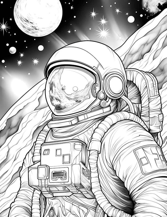 The Cosmic Explorer Coloring Page, a detailed black-and-white comic-style illustration of an astronaut in a spacesuit floating in space, with planets and stars in the background.