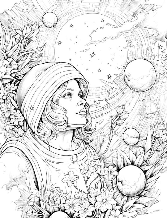 Astronaut surrounded by flowers and planets in a detailed line art coloring page for mindfulness and creativity.