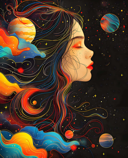 Cosmic Goddess Art print of a serene woman in profile whose colorful hair flows into a galaxy of planets, stars, and nebulae.