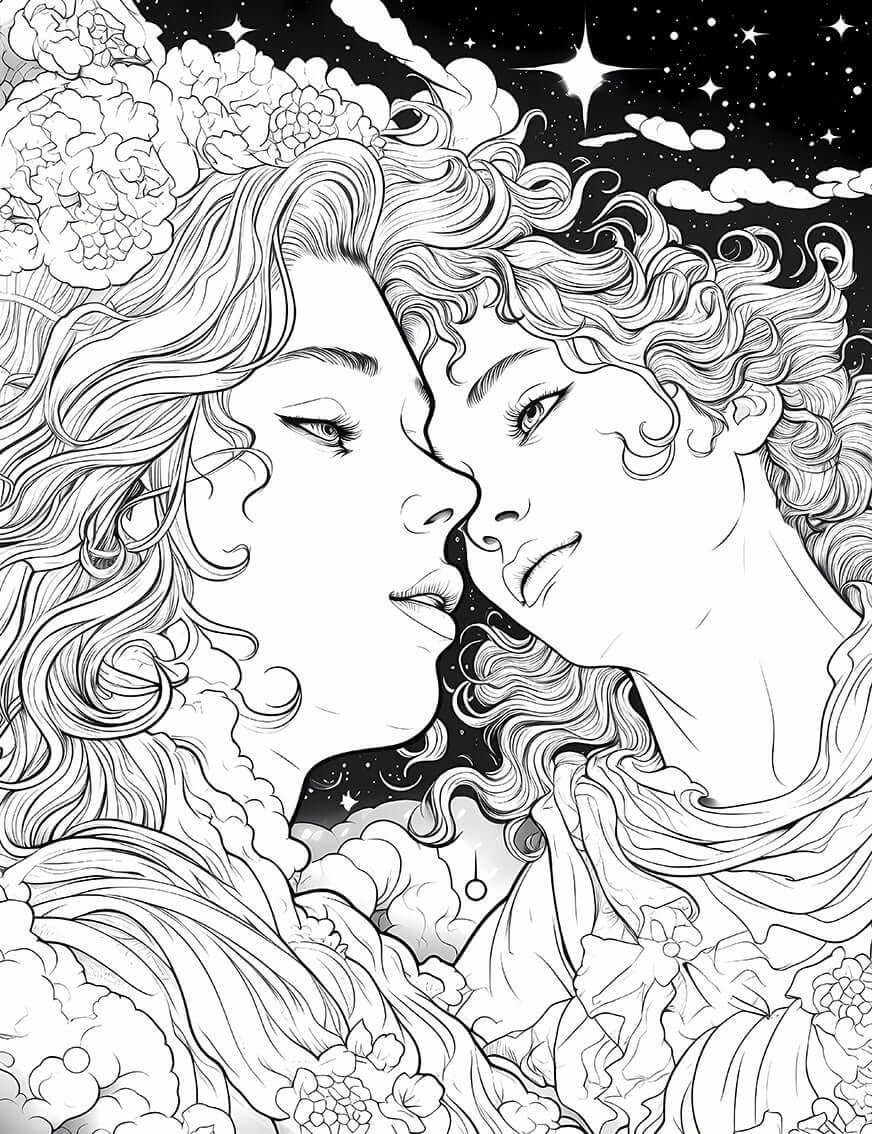 Cosmic Lovers coloring page featuring intricate line art of two faces surrounded by floral and celestial elements.
