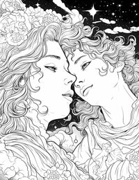 Cosmic Lovers coloring page featuring intricate line art of two faces surrounded by floral and celestial elements.