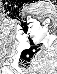 The Cosmic Lovers Coloring Page, a romantic black-and-white illustration of a man and a woman about to kiss, surrounded by blooming flowers against a celestial background of stars and planets.