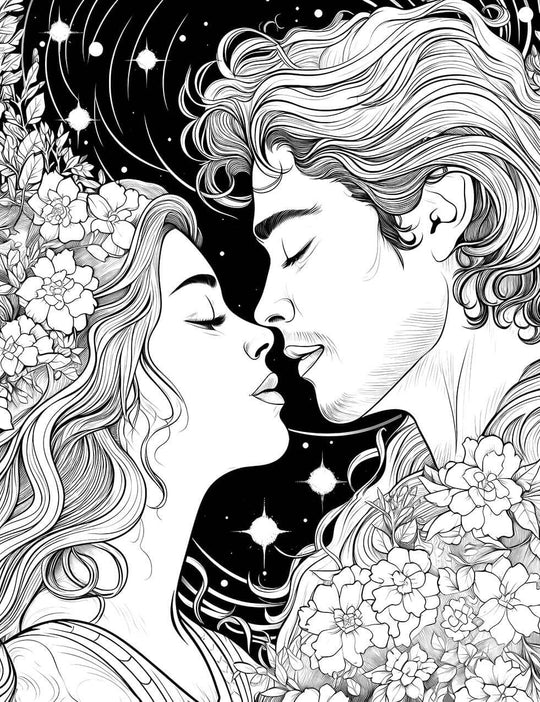 The Cosmic Lovers Coloring Page, a romantic black-and-white illustration of a man and a woman about to kiss, surrounded by blooming flowers against a celestial background of stars and planets.