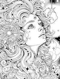 The Cosmic Navigator Coloring Page, an intricate black-and-white illustration of a beautiful woman with a celestial compass rose and stars woven into her flowing, cosmic hair.