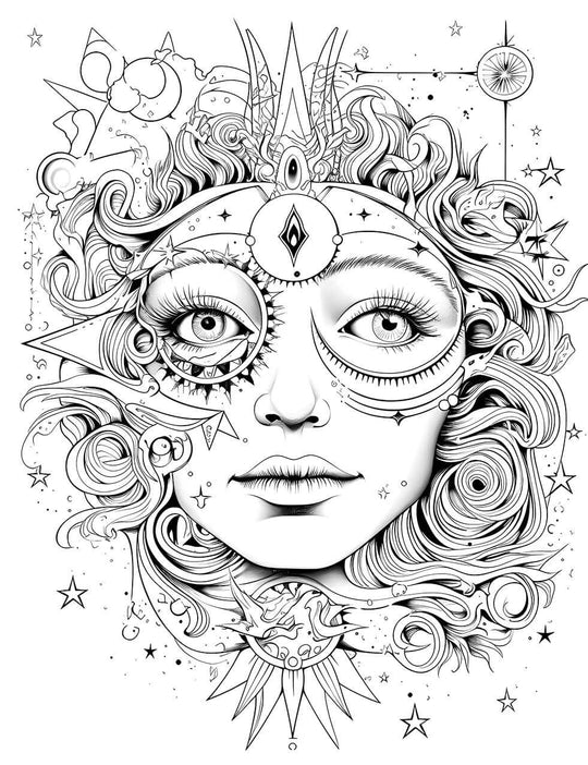 The Cosmic Oracle Coloring Page, showing an intricate, black-and-white portrait of a mystical woman's face with a celestial crown and ornate, gear-like markings around her eyes, surrounded by swirling hair, stars, and planets.