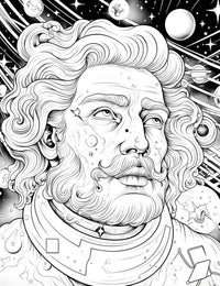The Cosmic Philosopher Coloring Page, a detailed black-and-white illustration of a wise man with a grand mustache and wavy hair, looking up thoughtfully at a star-filled cosmos.