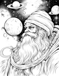The Cosmic Sage Coloring Page, a detailed black-and-white illustration of a wise old man with a long beard and a turban, gazing thoughtfully into a cosmic sky filled with stars and planets.