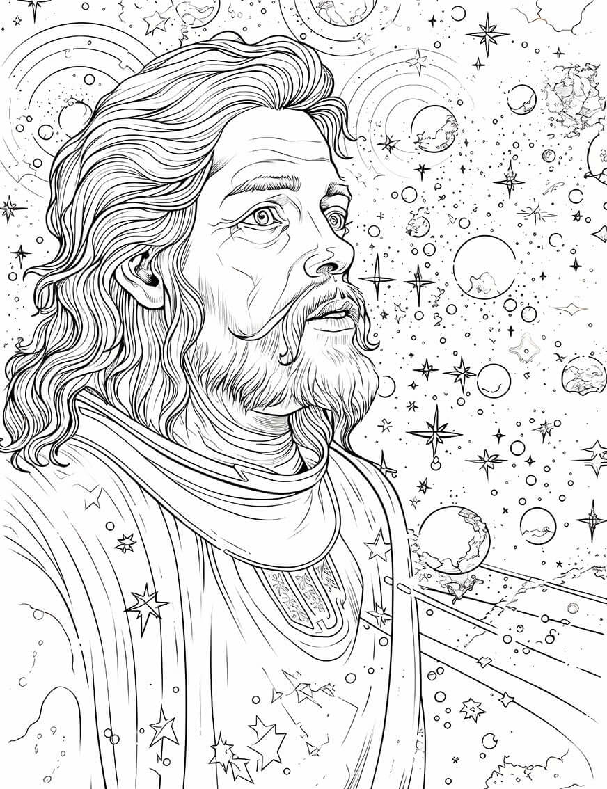 Cosmic Sage Coloring Page | Sci-Fi Fantasy Portrait Printable Art – Infinite Visibility