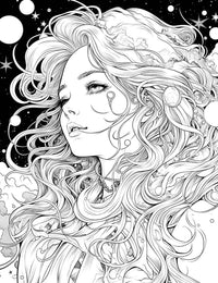 The Cosmic Tear Maiden Coloring Page, a detailed black-and-white illustration of a beautiful maiden with long, flowing cosmic hair, looking up at the stars with celestial tear-like markings on her face.