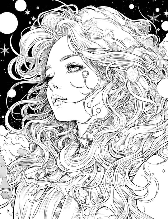 The Cosmic Tear Maiden Coloring Page, a detailed black-and-white illustration of a beautiful maiden with long, flowing cosmic hair, looking up at the stars with celestial tear-like markings on her face.