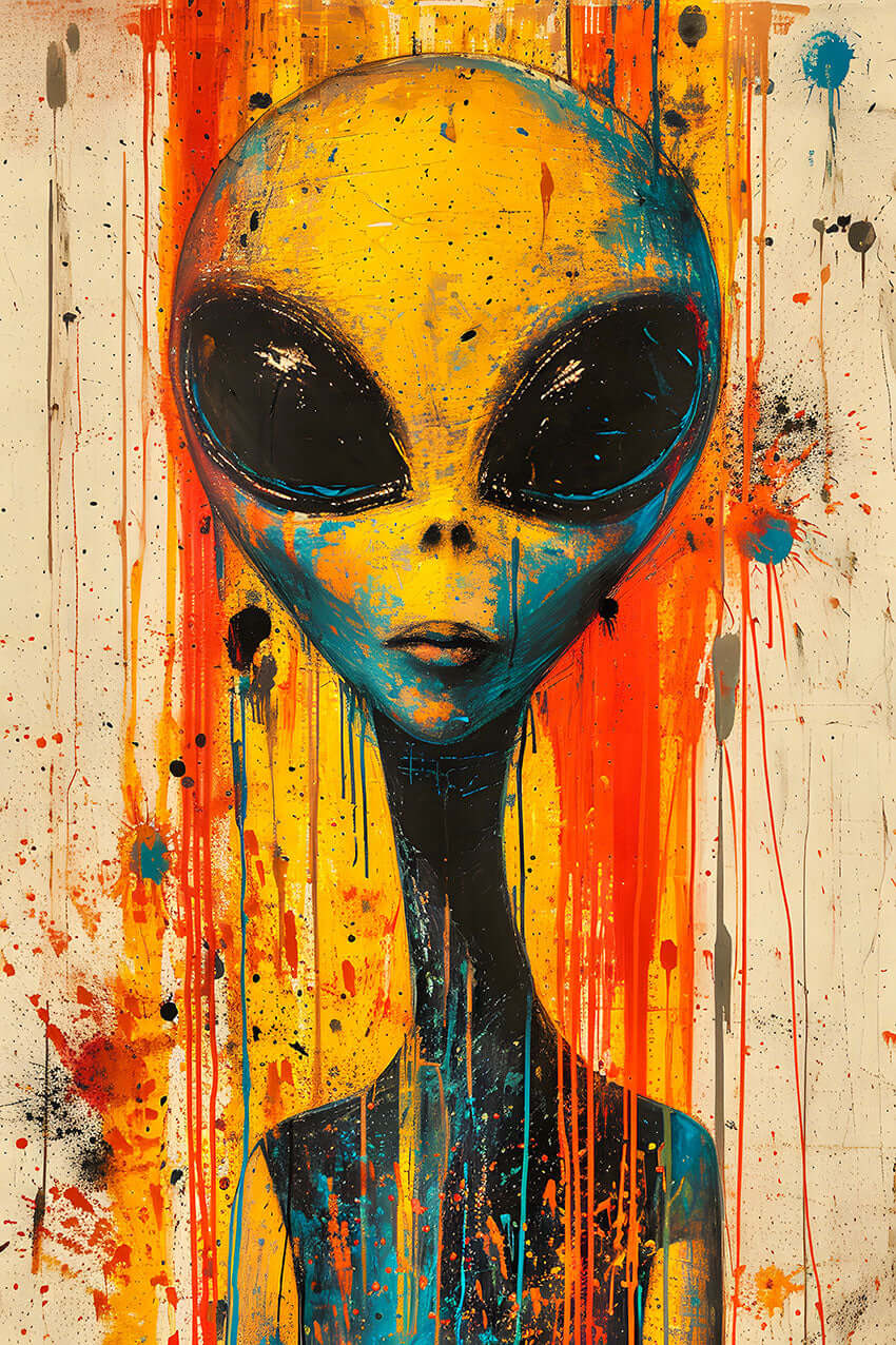 Vibrant abstract art of an alien portrait with paint splatters and drips, perfect for unique sci-fi wall decor.