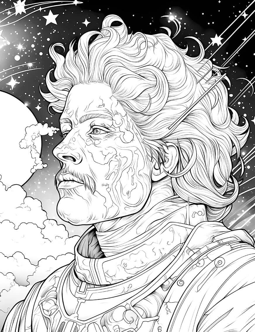 Cosmic Voyager coloring page featuring a sci-fi male portrait amidst stars and clouds, perfect for adult coloring. Instant PDF download.