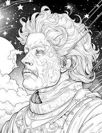 Cosmic Voyager coloring page featuring a sci-fi male portrait amidst stars and clouds, perfect for adult coloring. Instant PDF download.