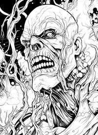 A detailed, sci-fi horror coloring page of an enraged cosmic zombie's face, with decaying skin and organic, root-like textures, set against a dark, starry space background.