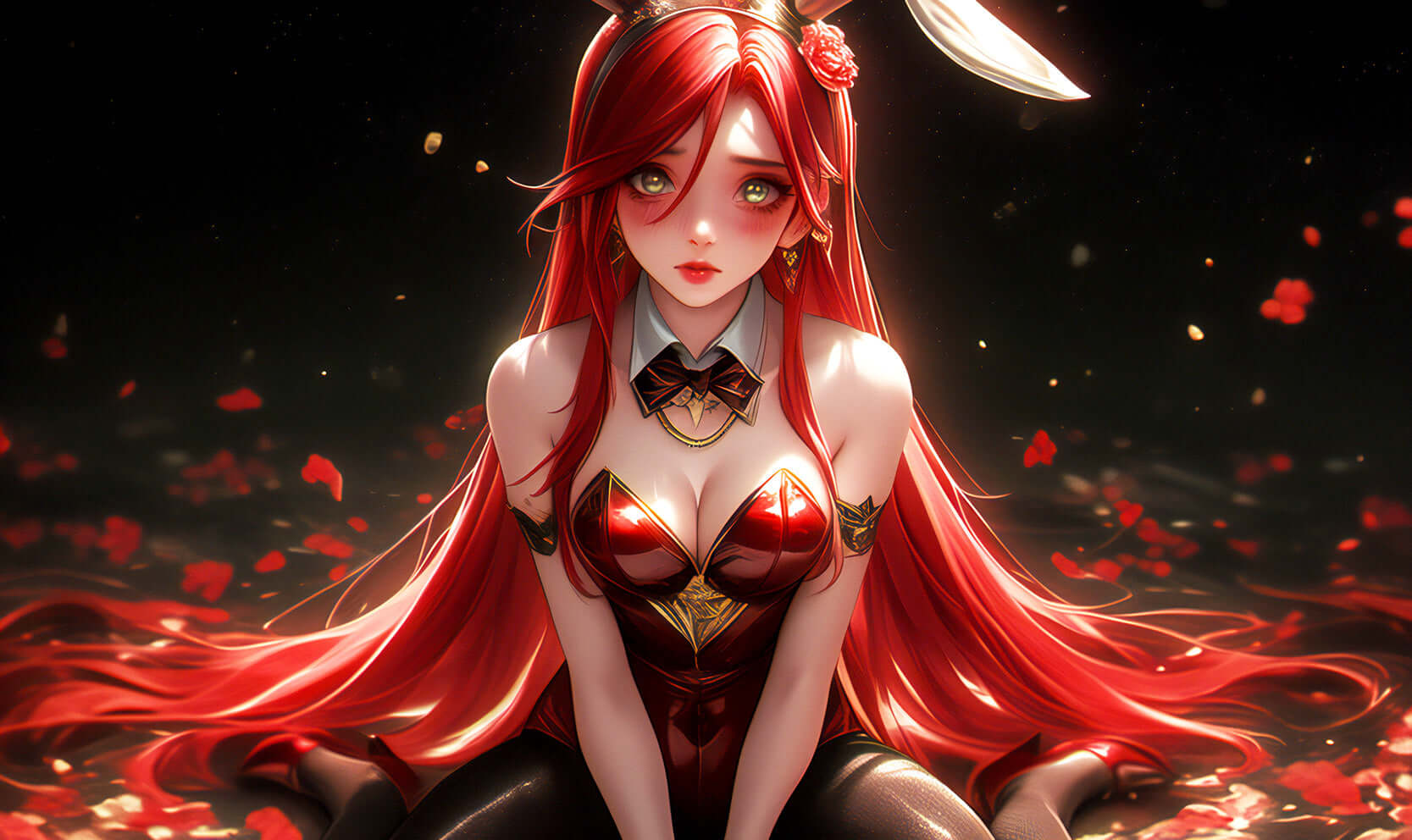 Anime Bunny digital art 'Crimson Bloom' featuring a girl with long red hair in a red outfit amidst rose petals.