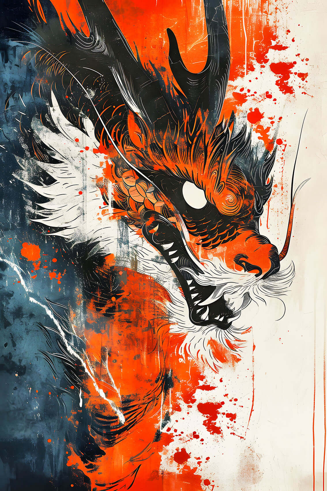 Crimson Ink Dragon abstract art print featuring a fierce dragon in red, black, and white colors, capturing mythical power.