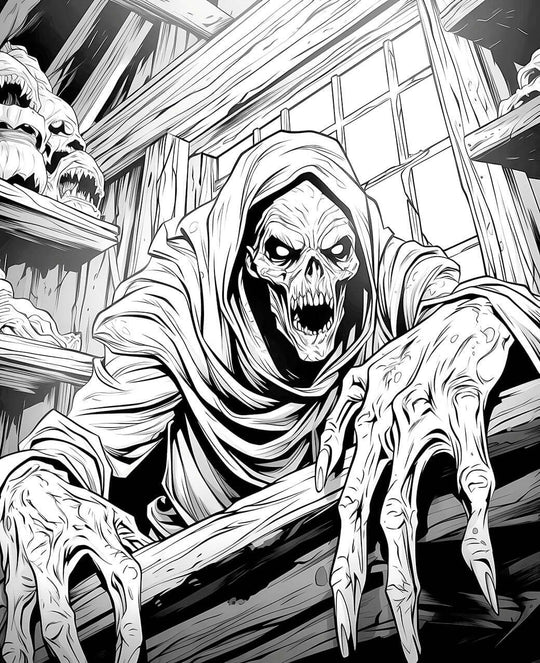 A detailed horror coloring page of a hooded, skeletal crypt collector with glowing eyes, leaning over a workbench in his dusty, skull-filled attic workshop.