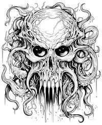A detailed horror coloring page of a cracked human skull being overgrown with slimy, dripping Cthulhu-like tentacles, in a Lovecraftian cosmic horror style.
