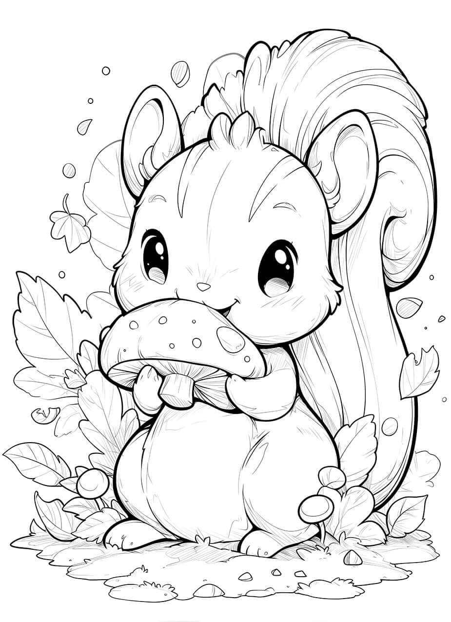 Cute squirrel holding a mushroom surrounded by autumn leaves, perfect for coloring fun.