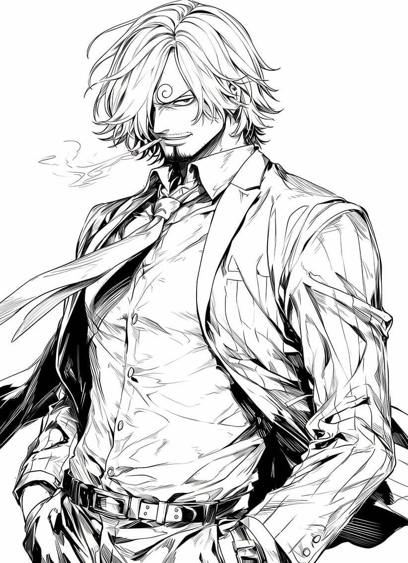Dapper Sanji in a stylish suit coloring page from One Piece, perfect for anime art fans and creative expression.