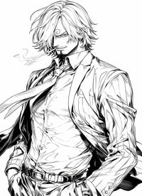 Dapper Sanji in a stylish suit coloring page from One Piece, perfect for anime art fans and creative expression.