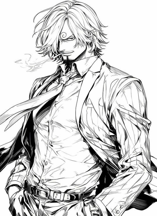 Dapper Sanji in a stylish suit coloring page from One Piece, perfect for anime art fans and creative expression.