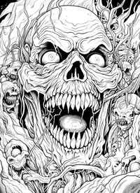 A detailed, chaotic horror coloring page of a massive, screaming demon skull with sharp teeth, surrounded by a swirling horde of smaller, grotesque monsters and hellish energy.