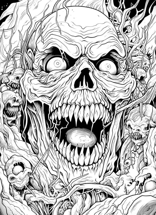 A detailed, chaotic horror coloring page of a massive, screaming demon skull with sharp teeth, surrounded by a swirling horde of smaller, grotesque monsters and hellish energy.