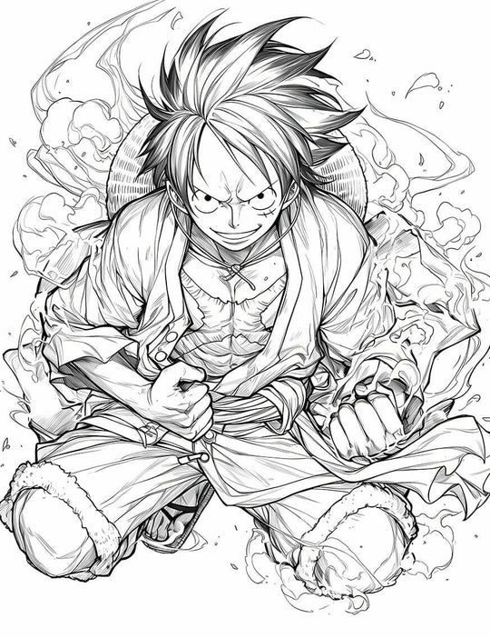 Determined Monkey D. Luffy coloring page from One Piece, showcasing his fierce spirit and ready for action.