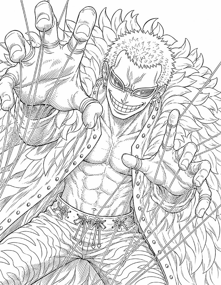 Doflamingo One Piece Coloring Page Heavenly Demon printable PDF high resolution line art string web between ringed fingers feather coat sunglasses grin close-up