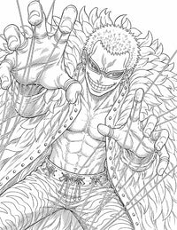 Doflamingo One Piece Coloring Page Heavenly Demon printable PDF high resolution line art string web between ringed fingers feather coat sunglasses grin close-up