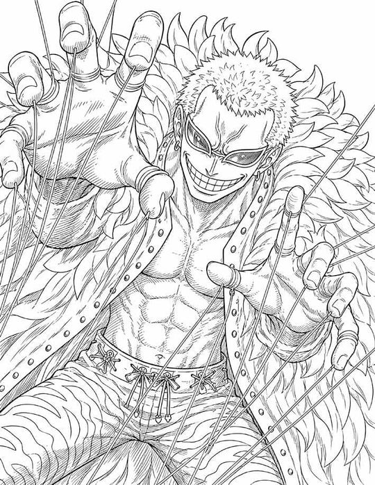 Doflamingo One Piece Coloring Page Heavenly Demon printable PDF high resolution line art string web between ringed fingers feather coat sunglasses grin close-up