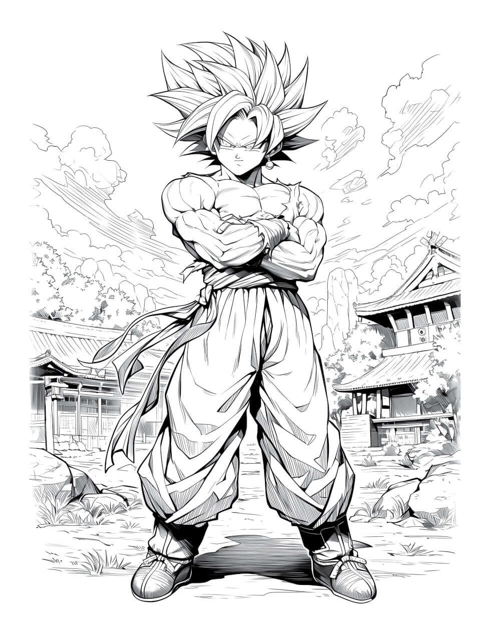 Goku standing confidently in a Dragon Ball Z coloring book illustration, perfect for creative relaxation.