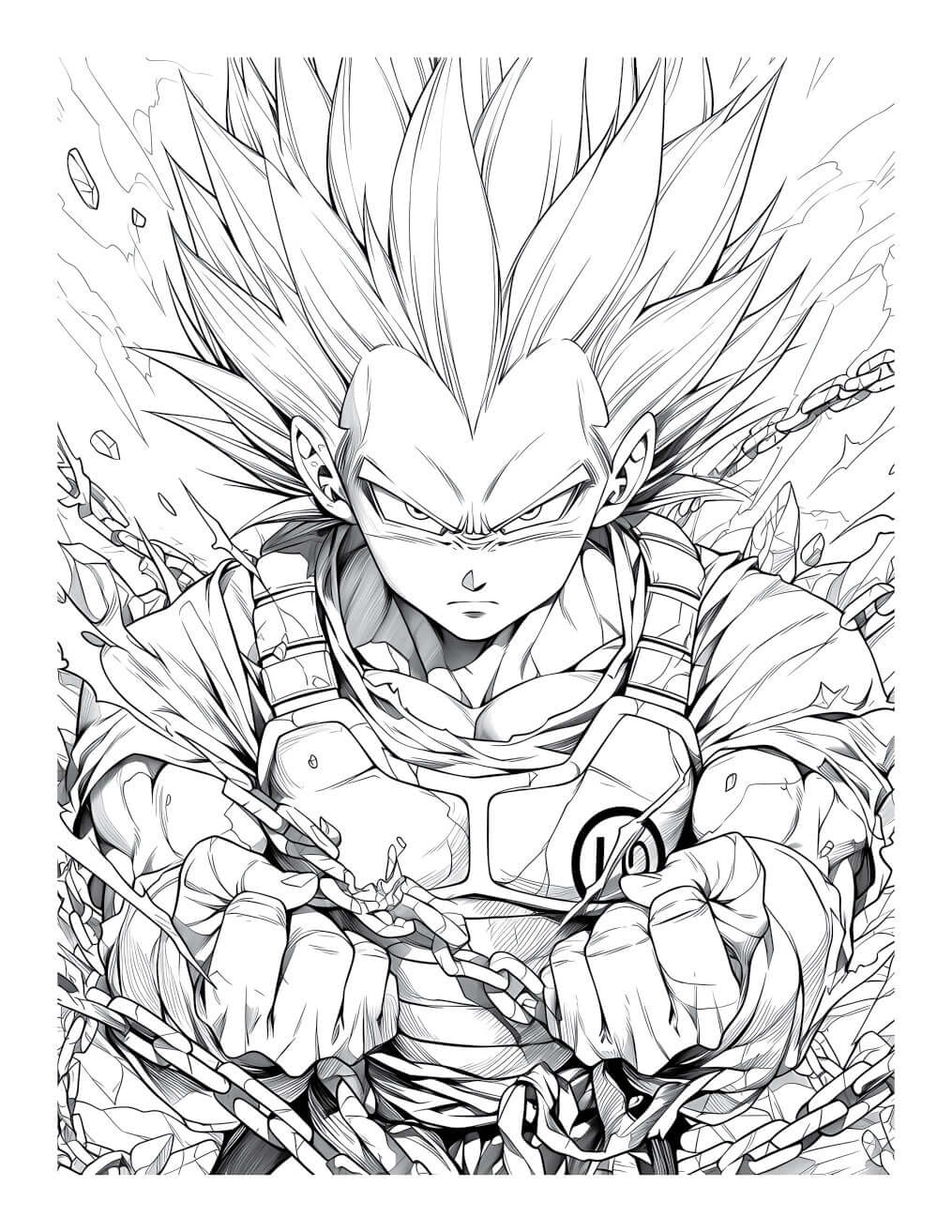 Dragon Ball Z coloring page featuring a powerful Saiyan character breaking chains, perfect for anime fans.