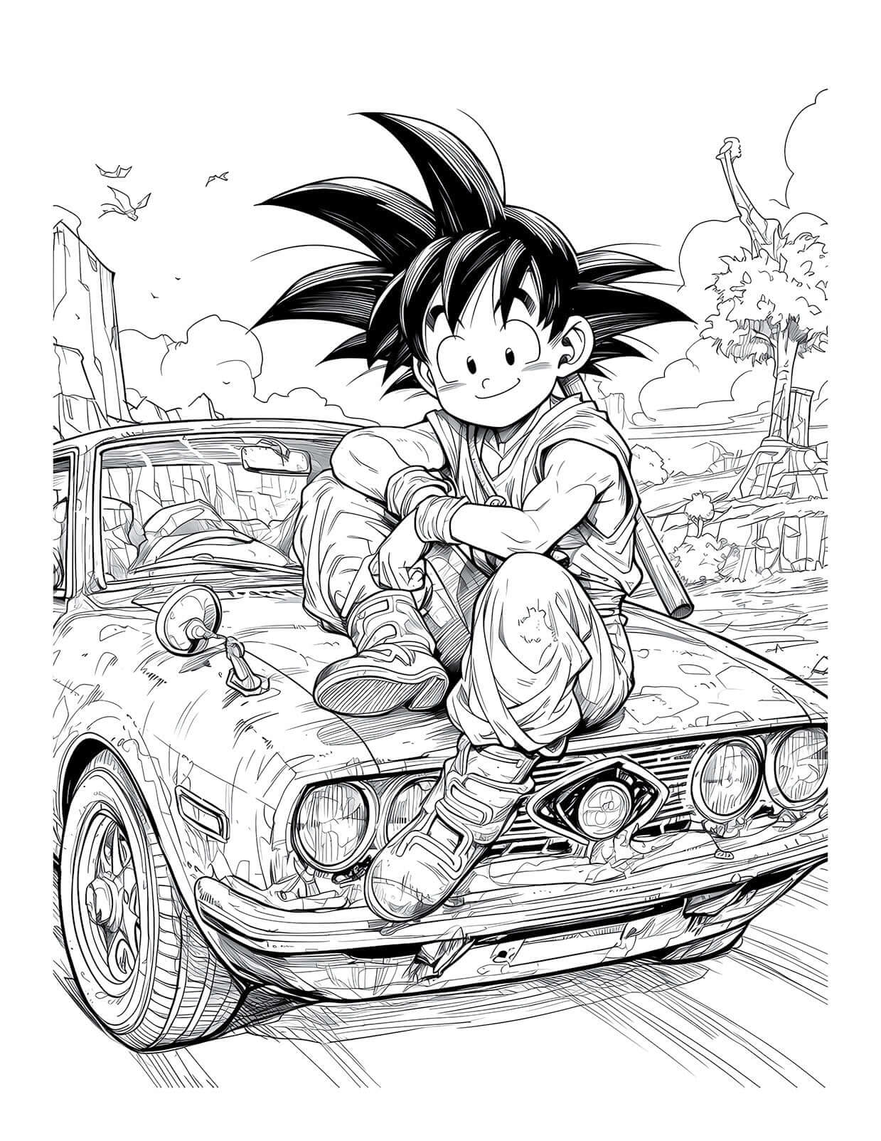 Goku from Dragon Ball Z coloring page sitting on a classic car, perfect for kids and anime fans to color.