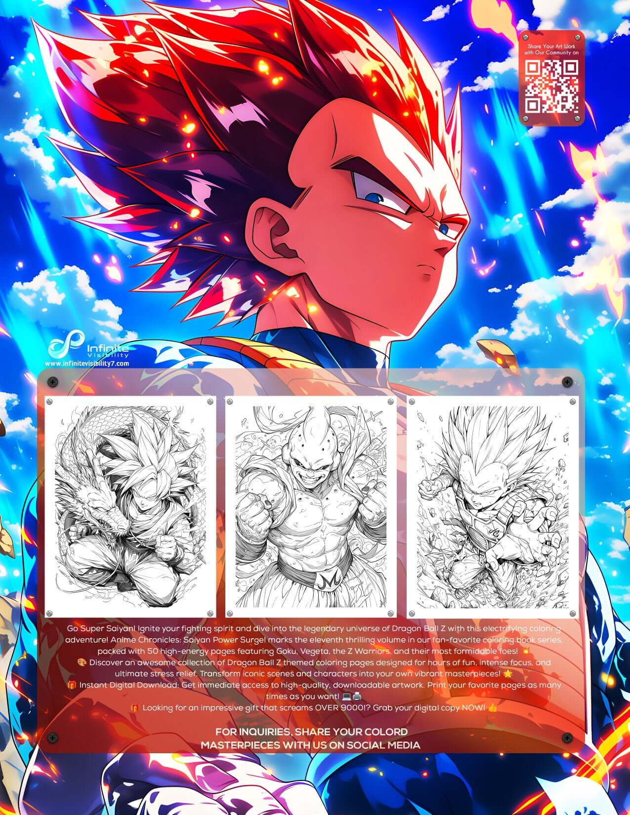 Dragon Ball Z coloring book cover featuring Saiyan character, showcasing epic designs and vibrant colors.